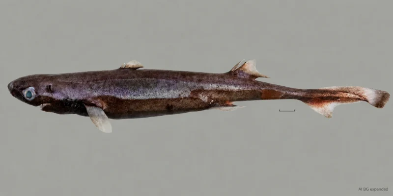 Etmopterus bulbosus的一只新鲜雌性,腹部膨大的口鼻部,两条背鳍和比例尺标记;背景使用AI扩展