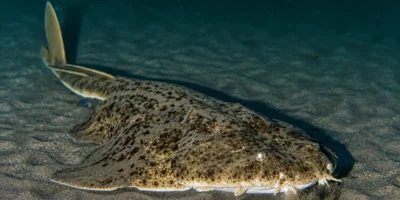 躺在沙地上的扁鲨 Squatina squatina