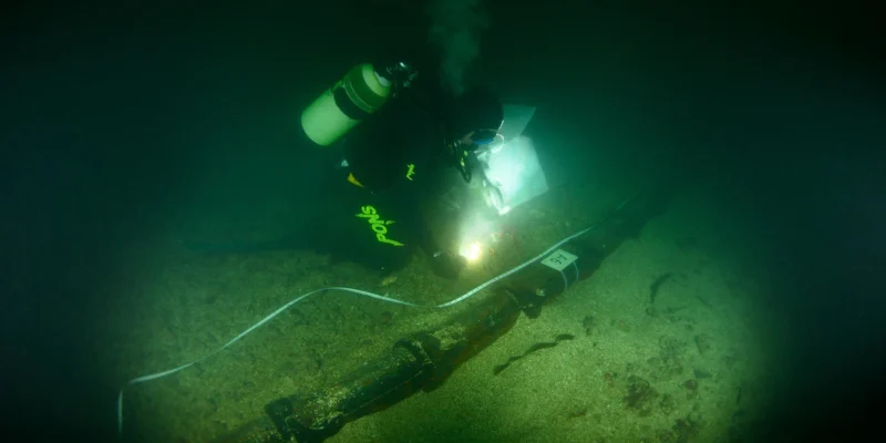潜水员在潘波勒-布雷阿海床检查附着生物覆盖的海底电缆