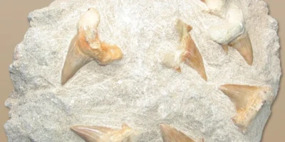一块岩石中嵌有多枚鲨鱼化石牙齿